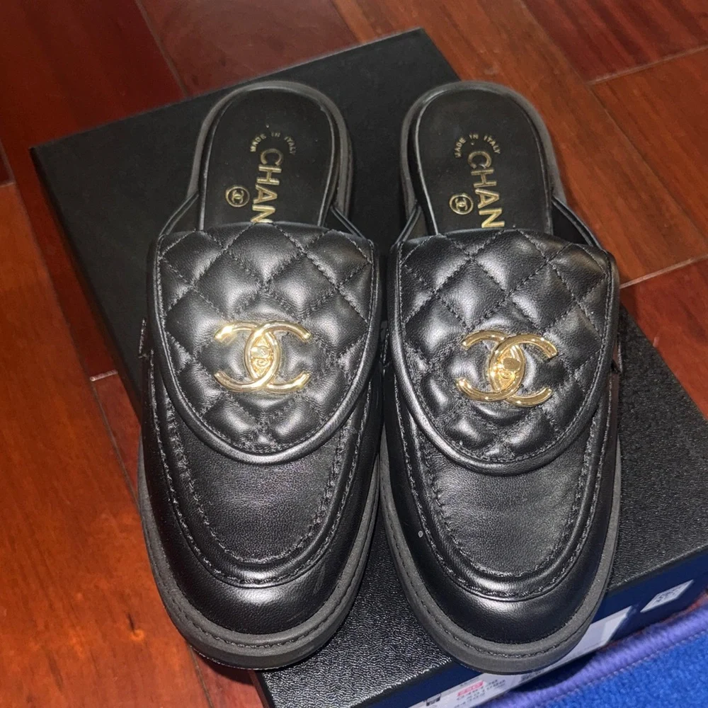 CHANEL Black Quilted Leather Slip-On Mules with Gold CC Hardware - Picture 2 of 6